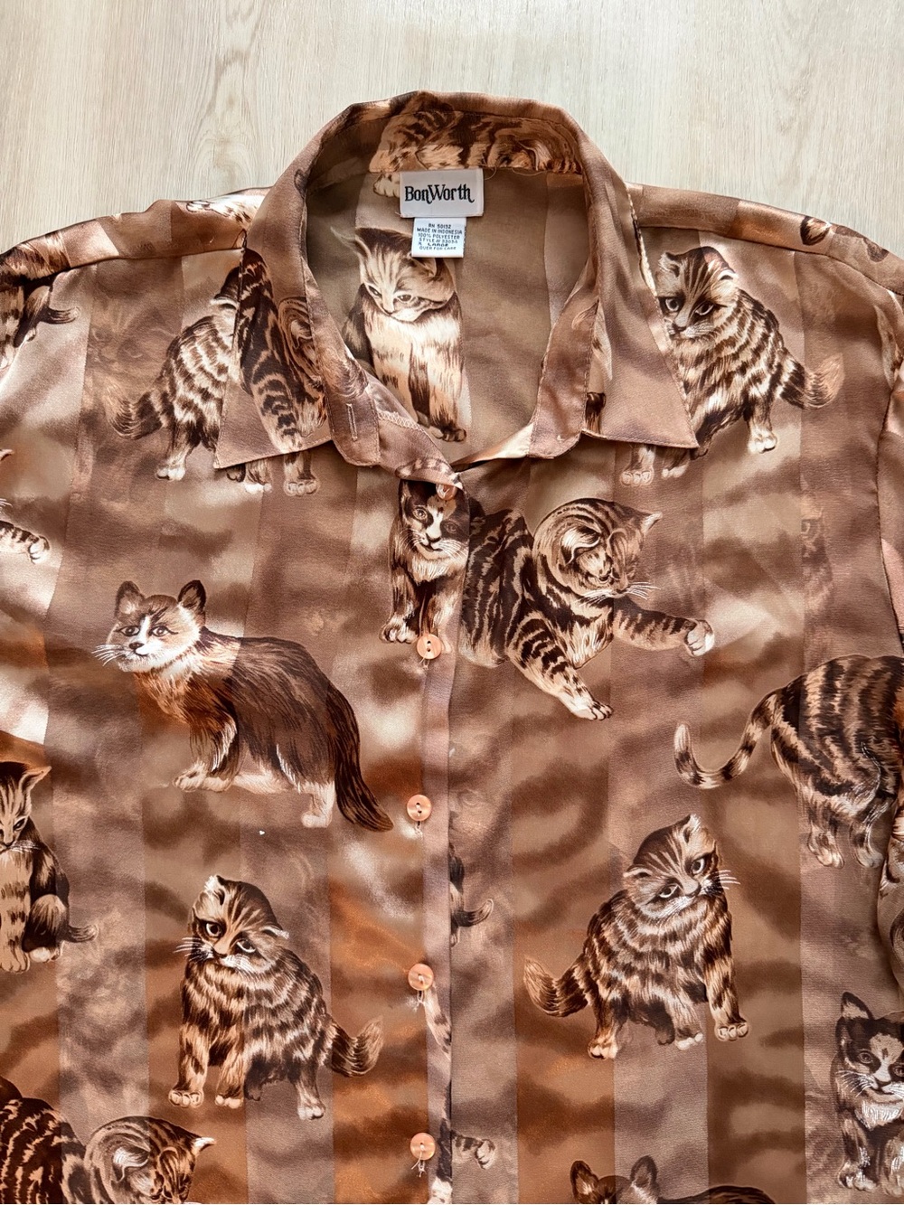 Vintage Bonworth Shear Polyester Cat Print Long Sleeve Button Down sz XL